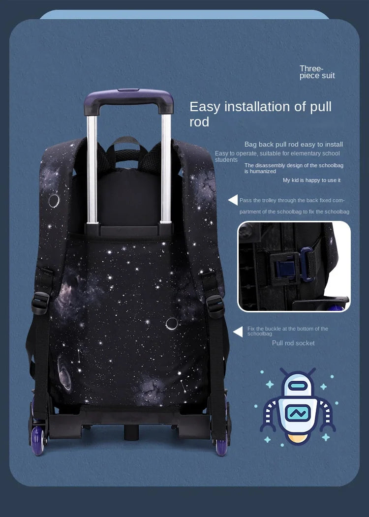 Kids School Bag With Wheels Rolling Backpack for Boy Wheeled School Bag 6 Wheels Trolley Bookbag Carry on Luggage with Lunch Bag