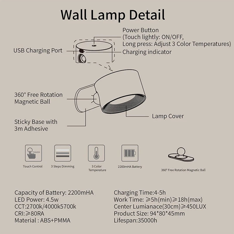 Led Wall Lamp Touch Control Remote 360 Rotatable USB Recharge Wireless Portable Night Light For Bedroom Reading Lamp