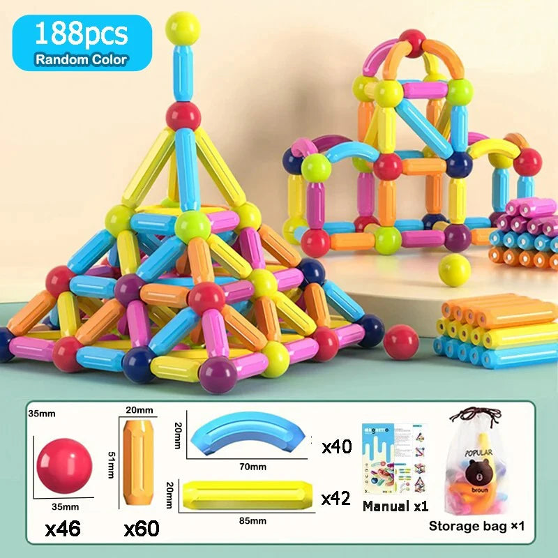 Magnet Ball Sticks Rod Games Magnetic Construction Set 188PCS Magnetic Building Blocks Toy Montessori Educational Toys for Kids