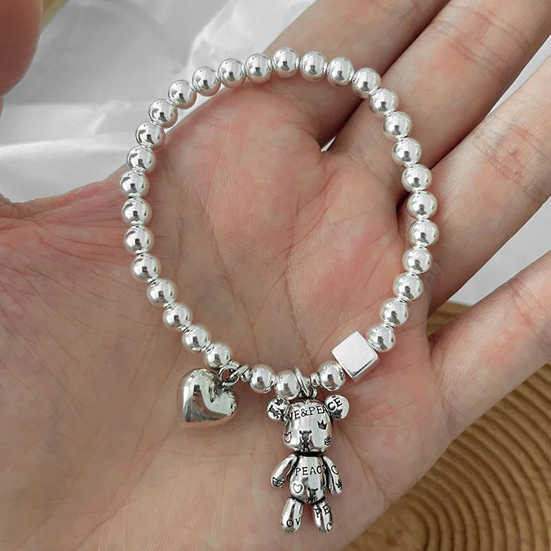 New Stainless Steel Bracelets for Women Fashion Beaded Accessories Simple Heart Bear Pendant Bracelet Trend Party Jewelry