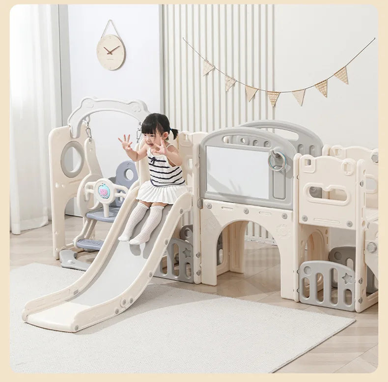 5-in-1 Kids Play Set - Swing, Slide, Basketball Hoop, Drawing Board & Storage for Ages 3-6