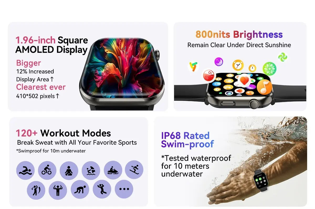 Smartwatch - 1.96'' AMOLED Display 800mAh Battery Bluetooth Calls Fitness Tracker