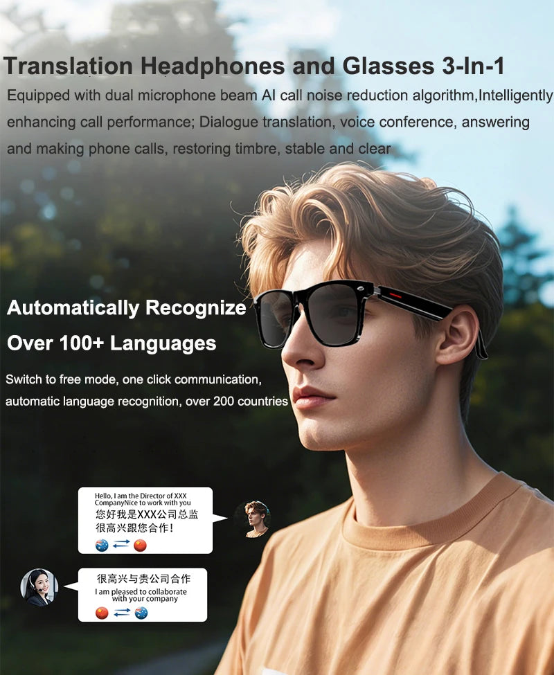 Smart AI Translation Glasses 100+ Languages Real-time Translation Bluetooth Sunglasses Earphones Voice Assistant Call Music