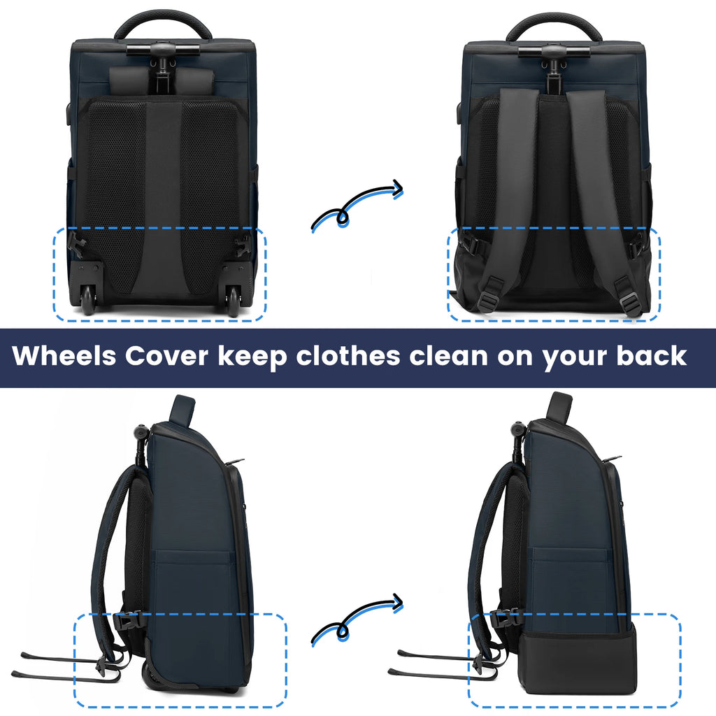 18" Rolling Backpack with Wheels | 3-in-1 Laptop Travel Bag for Business & School | Waterproof