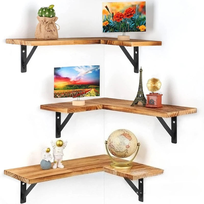 L-Shaped Corner Wall Shelves - Floating Wood Shelves Set of 3 for Living Room & Bedroom