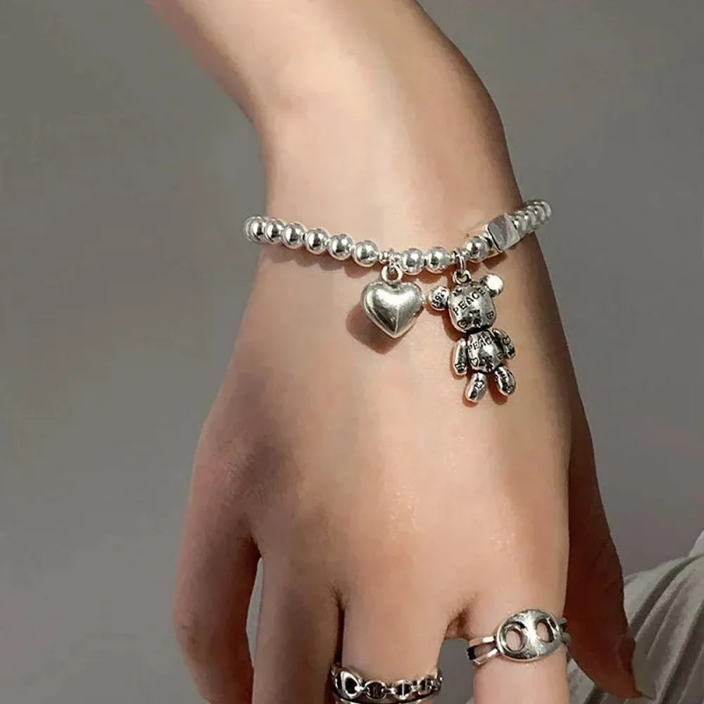 New Stainless Steel Bracelets for Women Fashion Beaded Accessories Simple Heart Bear Pendant Bracelet Trend Party Jewelry