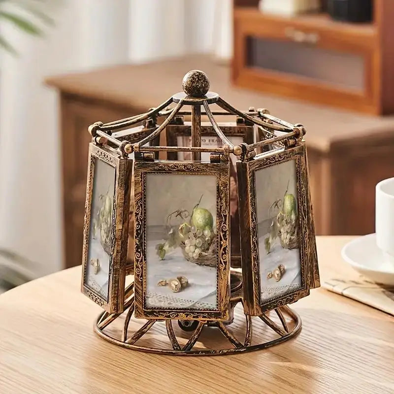 Vintage Carousel Windmill Photo Frame - Retro Bronze Rotating Picture Display 4/5 Inch