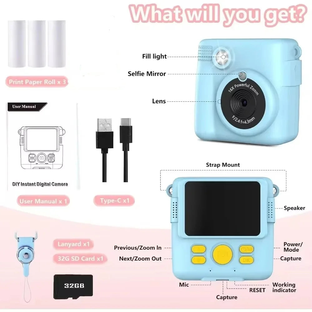 kids camera instant print 1080P Portable Kids Camera with  32GB Card3 and Rolls Photo Paper , Perfect Gift for Toddlers