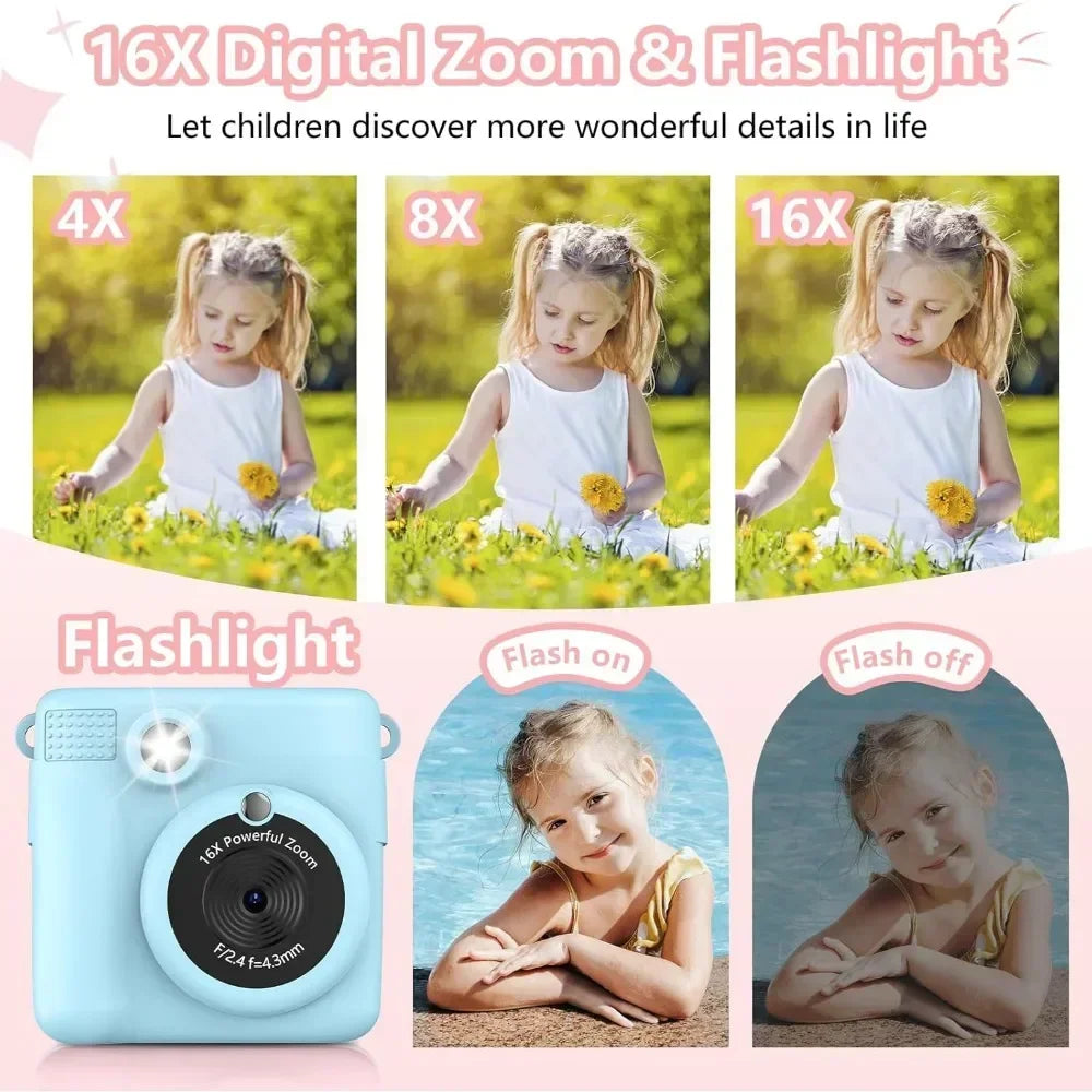 kids camera instant print 1080P Portable Kids Camera with  32GB Card3 and Rolls Photo Paper , Perfect Gift for Toddlers