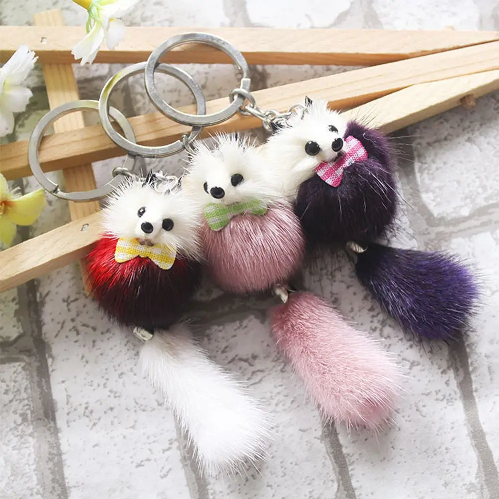 Mink Fur Pom Pom Keychain - Cute Animal Plush Toy Bag Accessory