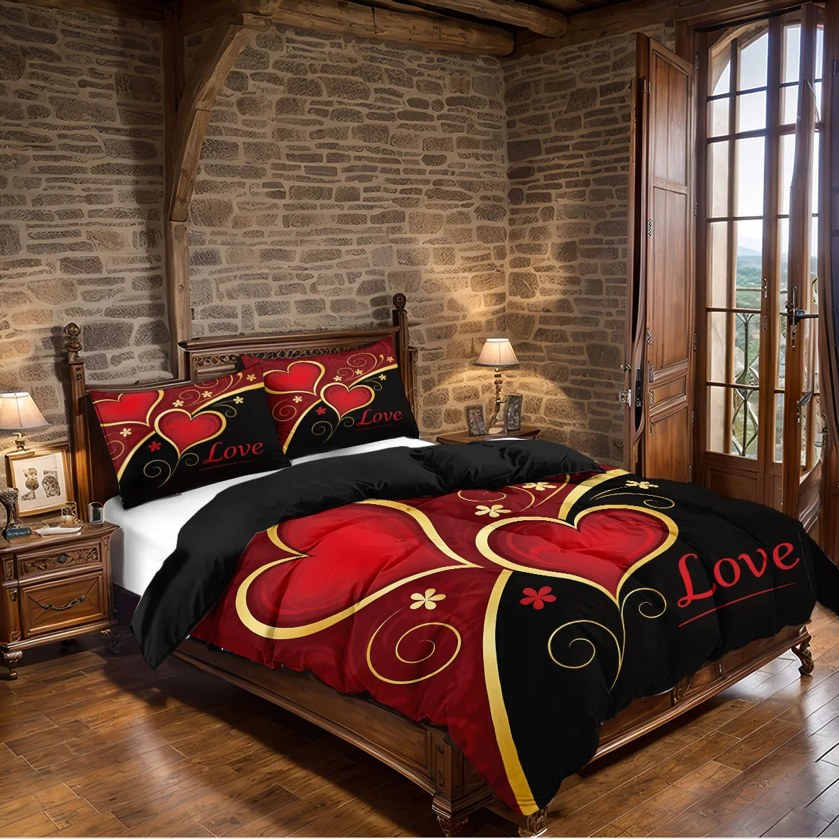 Valentine's Day Heart Bedding Set 3 Pieces - Black Red Love Print Duvet Cover Set