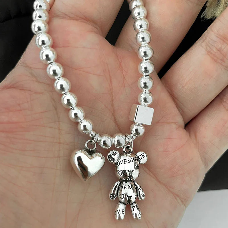 New Stainless Steel Bracelets for Women Fashion Beaded Accessories Simple Heart Bear Pendant Bracelet Trend Party Jewelry