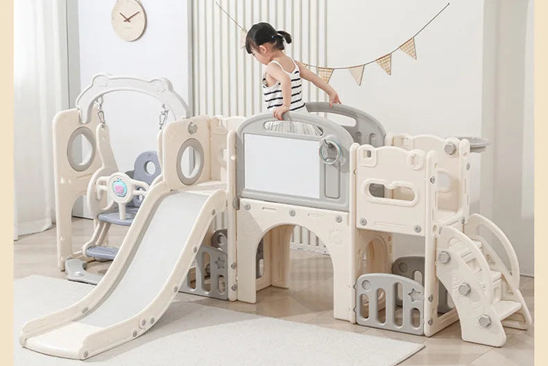 5-in-1 Kids Play Set - Swing, Slide, Basketball Hoop, Drawing Board & Storage for Ages 3-6