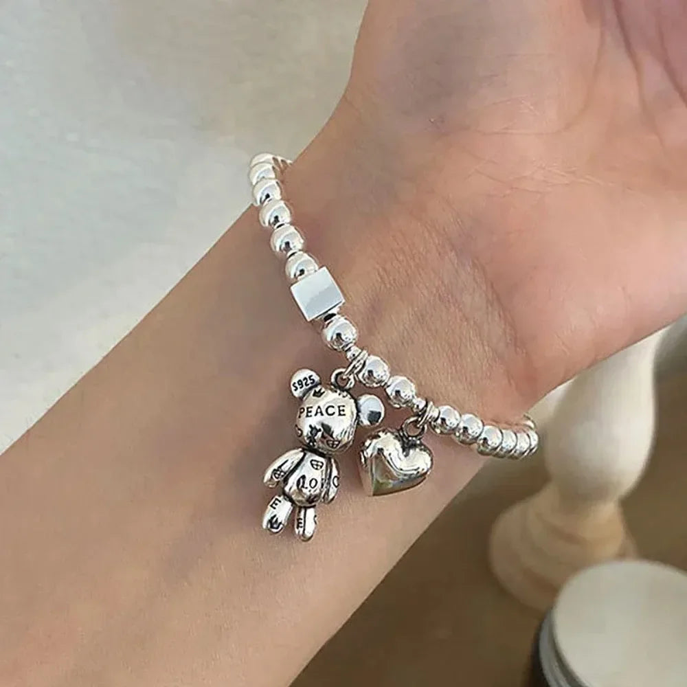 New Stainless Steel Bracelets for Women Fashion Beaded Accessories Simple Heart Bear Pendant Bracelet Trend Party Jewelry