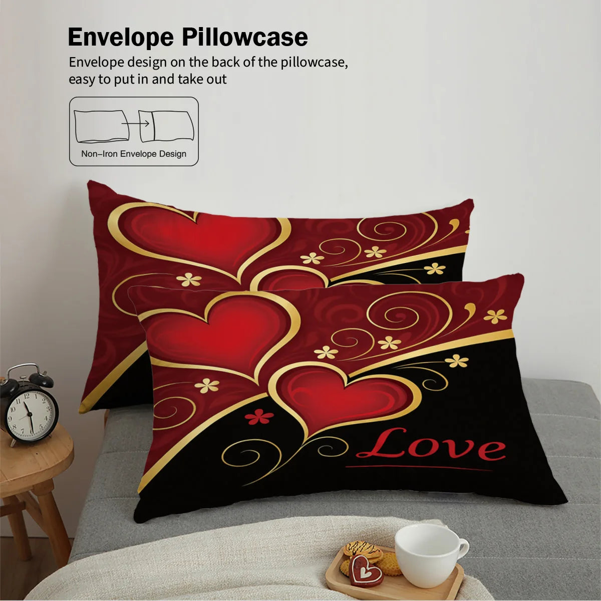 Valentine's Day Heart Bedding Set 3 Pieces - Black Red Love Print Duvet Cover Set