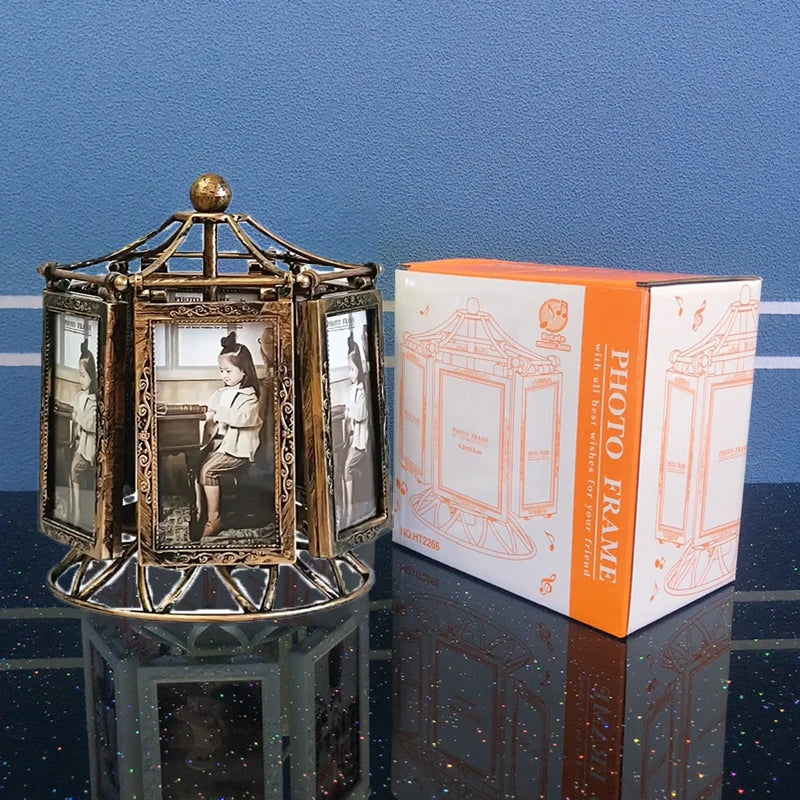 Vintage Carousel Windmill Photo Frame - Retro Bronze Rotating Picture Display 4/5 Inch