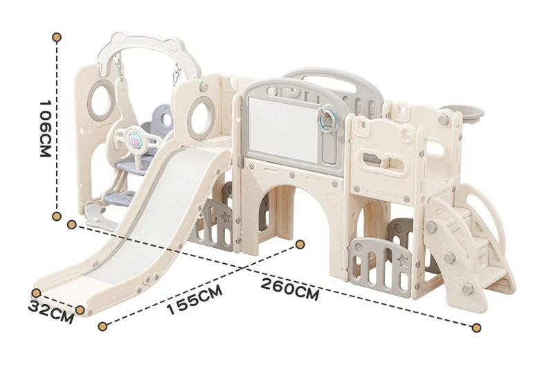 5-in-1 Kids Play Set - Swing, Slide, Basketball Hoop, Drawing Board & Storage for Ages 3-6