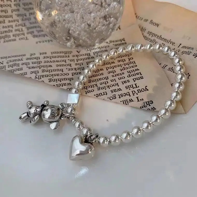 New Stainless Steel Bracelets for Women Fashion Beaded Accessories Simple Heart Bear Pendant Bracelet Trend Party Jewelry