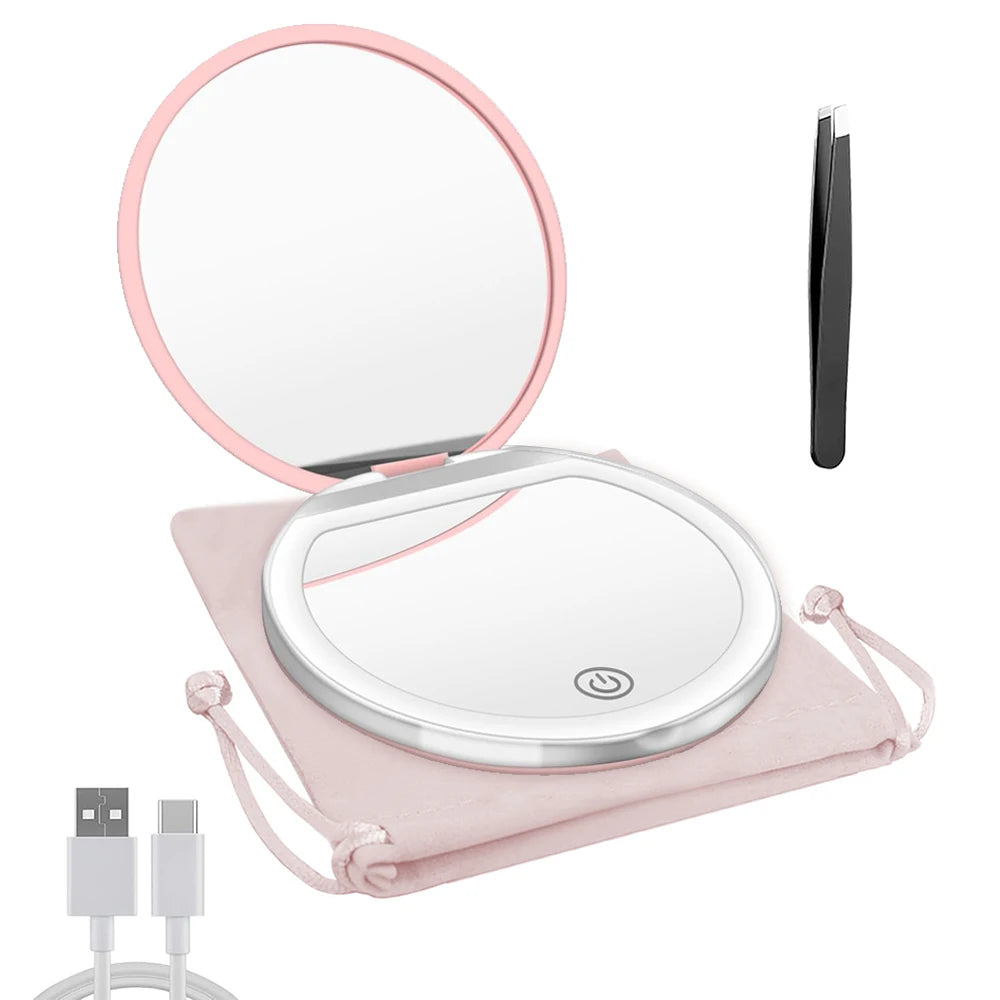 LED Compact Mirror with Light - 1X/3X Magnification Pocket Mirror with USB Cable