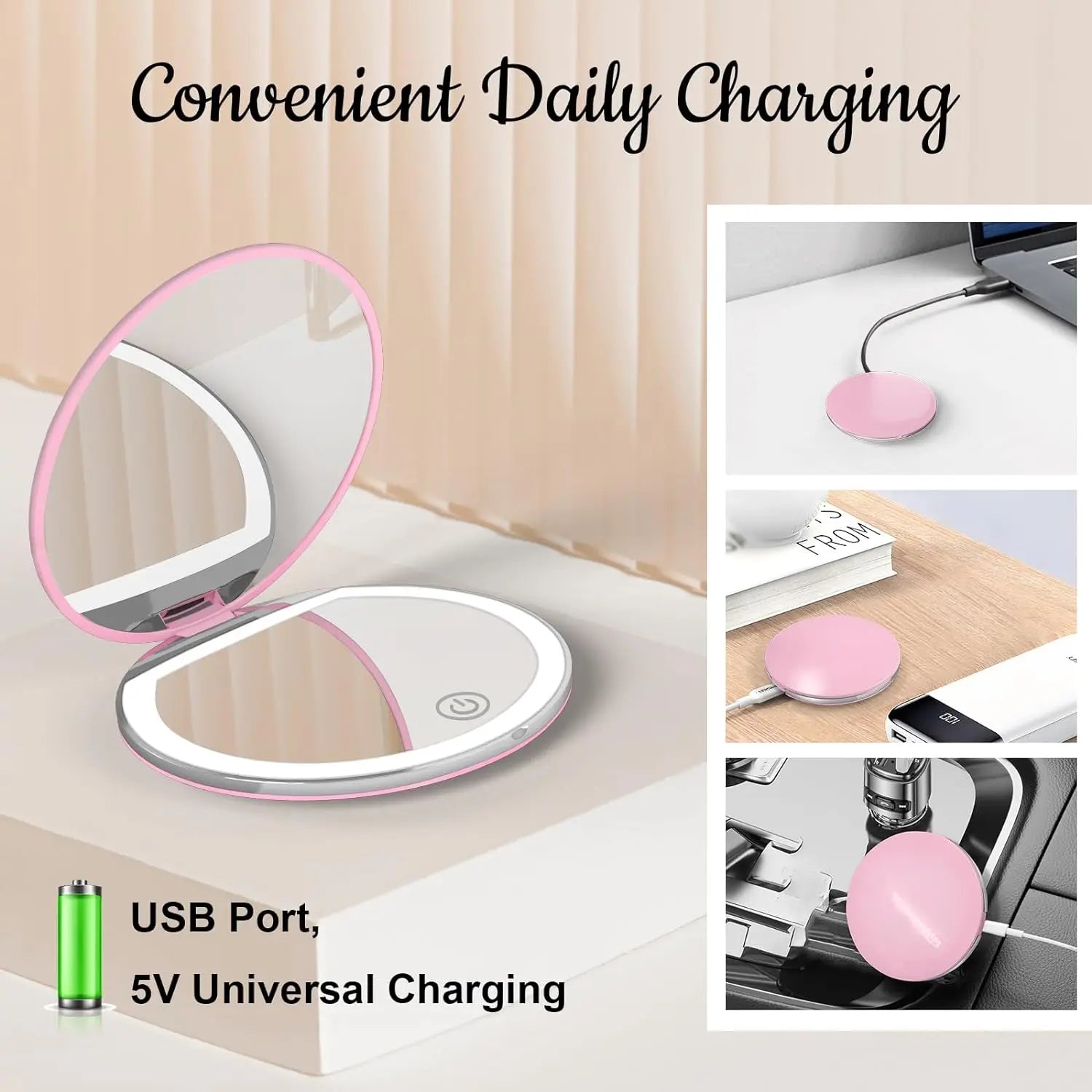 LED Compact Mirror with Light - 1X/3X Magnification Pocket Mirror with USB Cable
