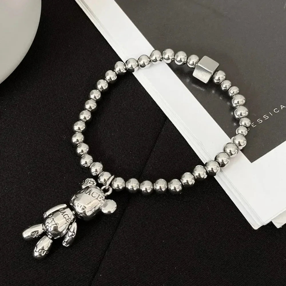 New Stainless Steel Bracelets for Women Fashion Beaded Accessories Simple Heart Bear Pendant Bracelet Trend Party Jewelry