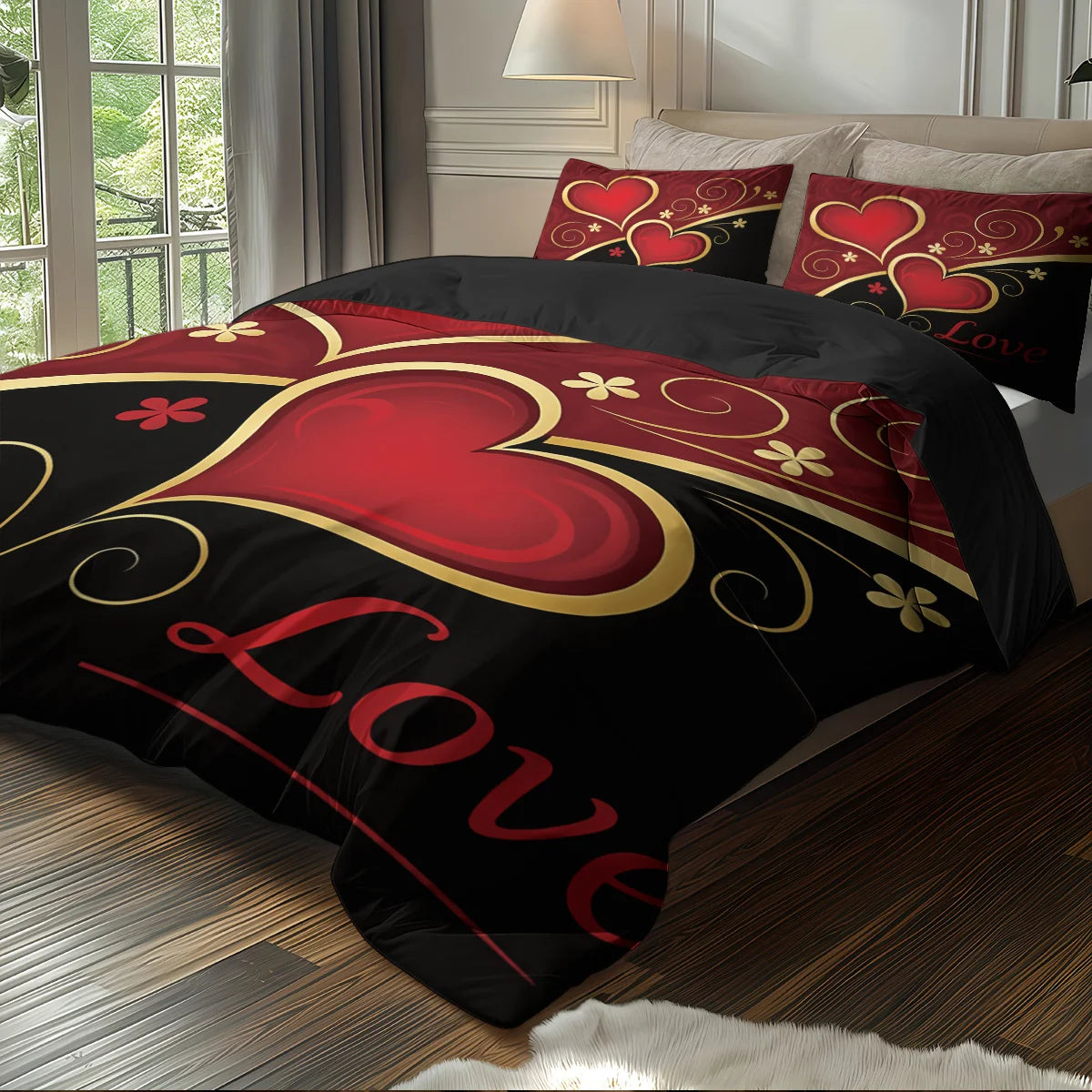 Valentine's Day Heart Bedding Set 3 Pieces - Black Red Love Print Duvet Cover Set