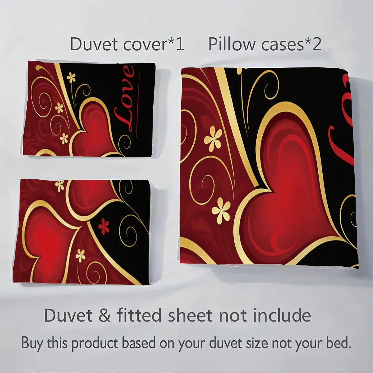 Valentine's Day Heart Bedding Set 3 Pieces - Black Red Love Print Duvet Cover Set