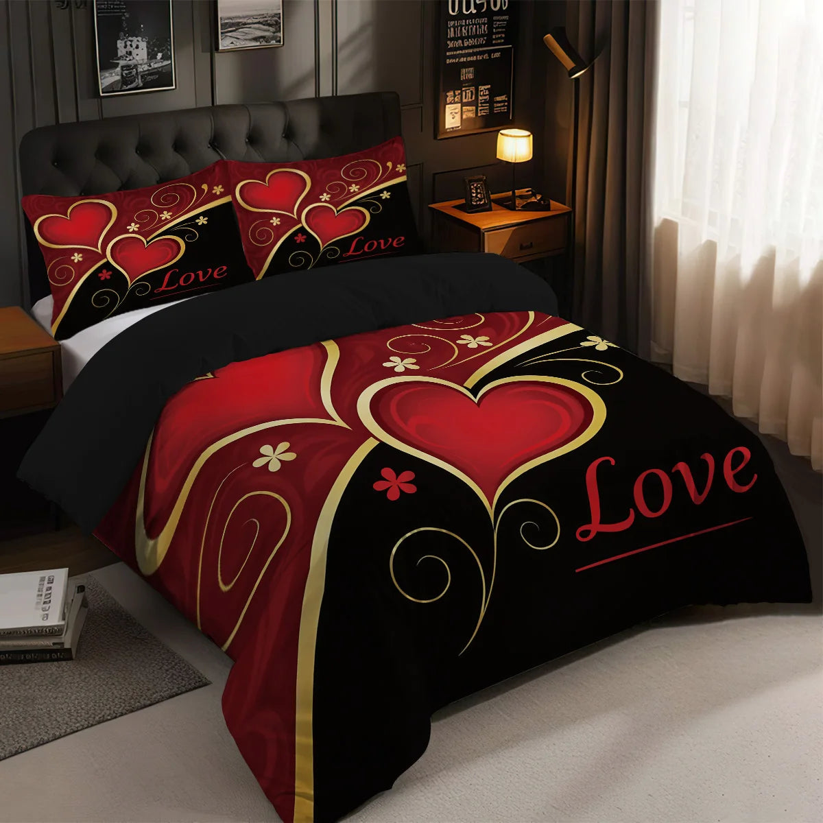Valentine's Day Heart Bedding Set 3 Pieces - Black Red Love Print Duvet Cover Set
