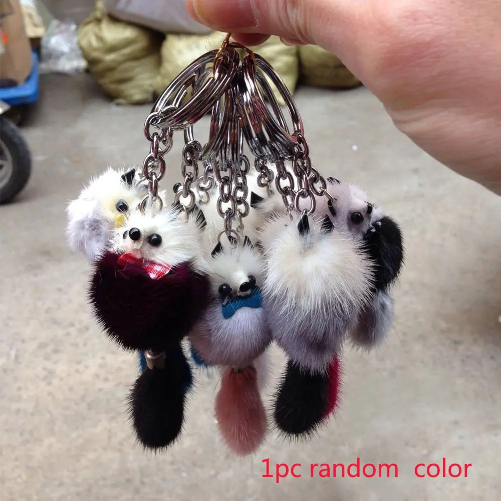 Mink Fur Pom Pom Keychain - Cute Animal Plush Toy Bag Accessory
