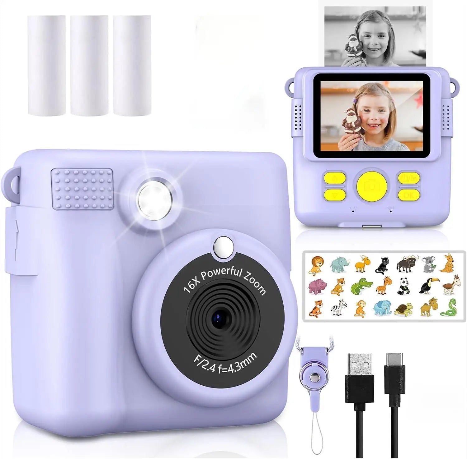 kids camera instant print 1080P Portable Kids Camera with  32GB Card3 and Rolls Photo Paper , Perfect Gift for Toddlers