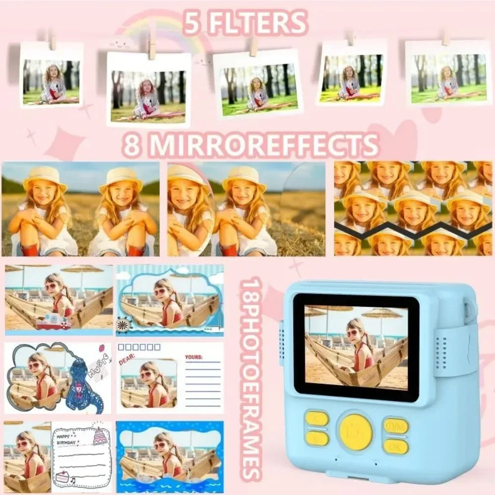 kids camera instant print 1080P Portable Kids Camera with  32GB Card3 and Rolls Photo Paper , Perfect Gift for Toddlers