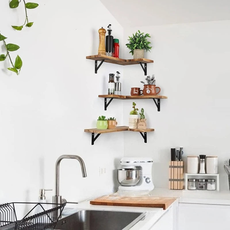 L-Shaped Corner Wall Shelves - Floating Wood Shelves Set of 3 for Living Room & Bedroom