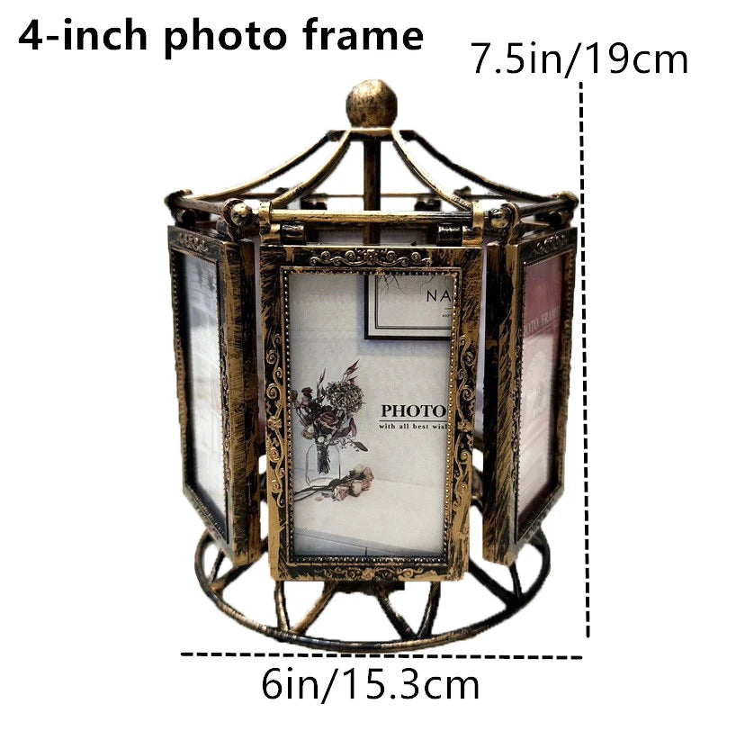 Vintage Carousel Windmill Photo Frame - Retro Bronze Rotating Picture Display 4/5 Inch