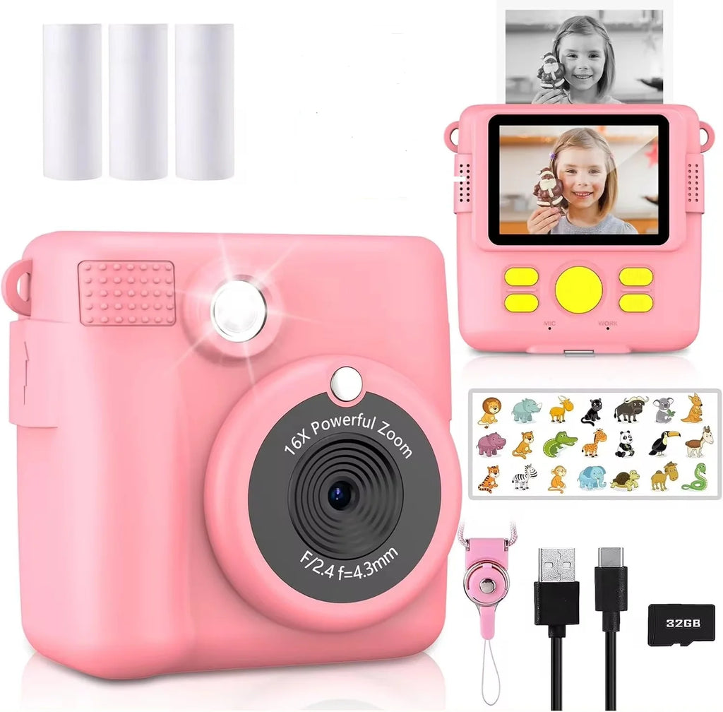 kids camera instant print 1080P Portable Kids Camera with  32GB Card3 and Rolls Photo Paper , Perfect Gift for Toddlers
