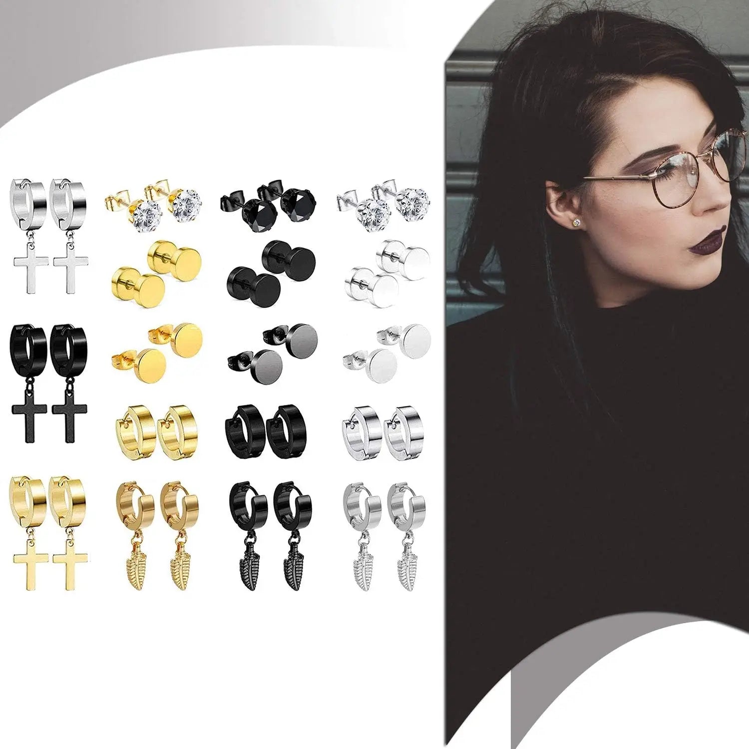 18 Pairs Earrings for Men: Stainless Steel Mens Earrings Stud Cross Dangle Hoop Earrings Set Jewelry Gift for Men Women