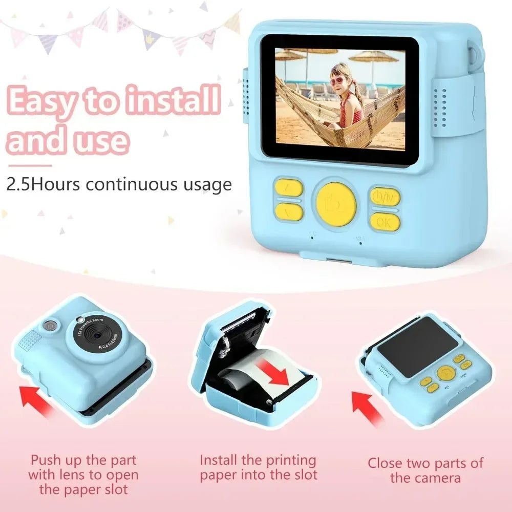 kids camera instant print 1080P Portable Kids Camera with  32GB Card3 and Rolls Photo Paper , Perfect Gift for Toddlers