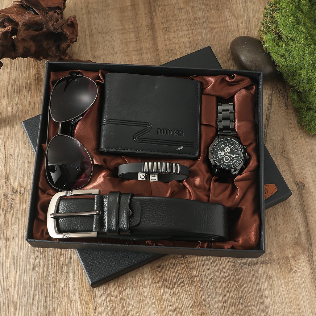 Men's fashion trend watches; men's casual versatile steel strap quartz watches gift box set