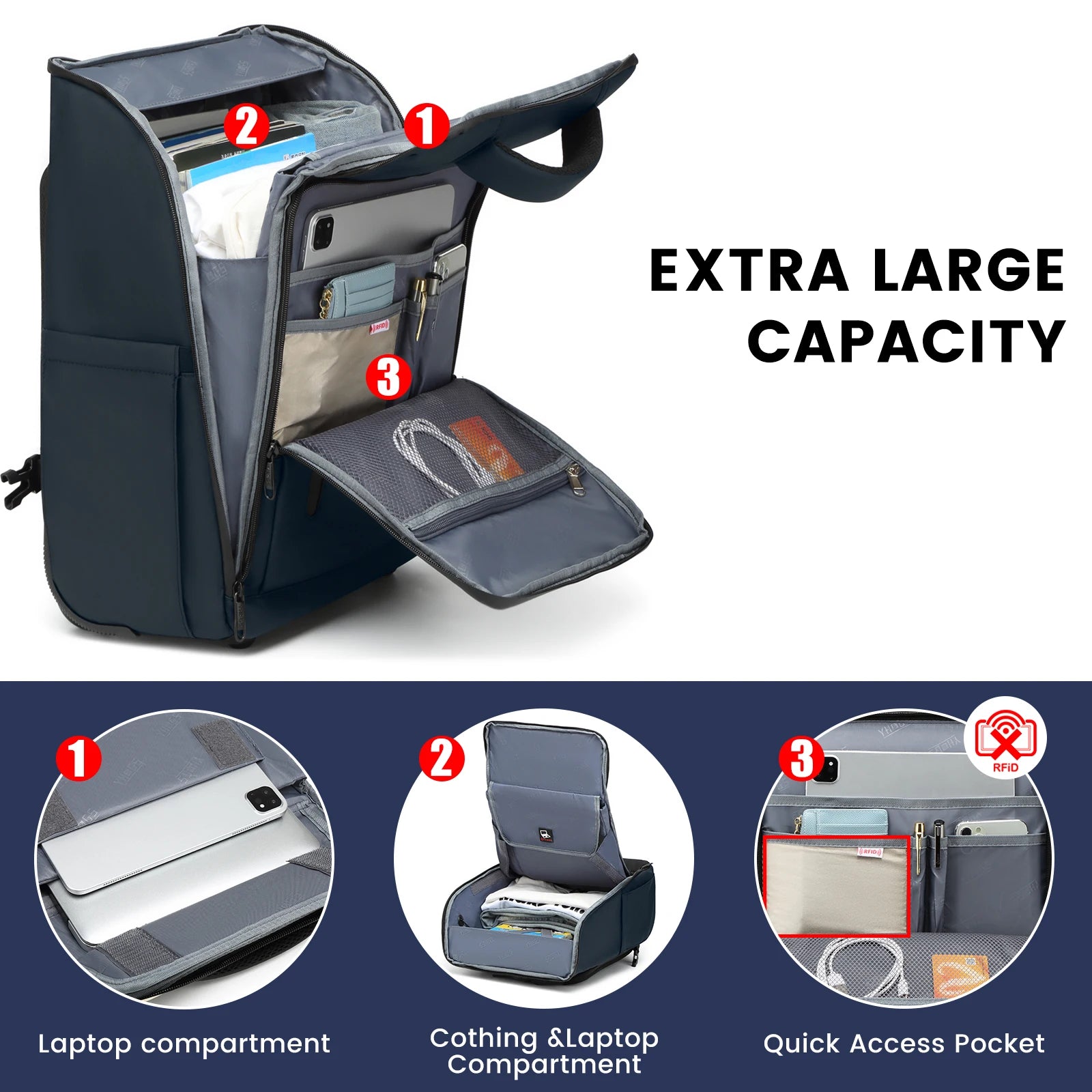 18" Rolling Backpack with Wheels | 3-in-1 Laptop Travel Bag for Business & School | Waterproof