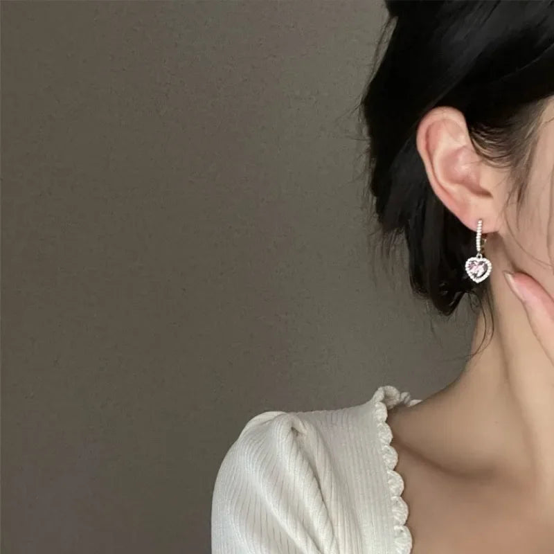 Heart Earrings for Women Elegant Pink Rhinestone Dangle Earrings for Girl Women Senior Designer Fashion Jewelry Accessories