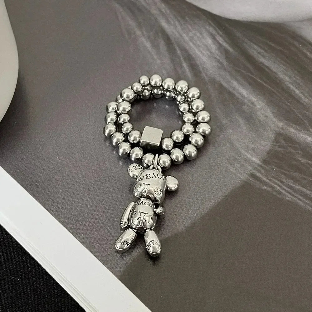 New Stainless Steel Bracelets for Women Fashion Beaded Accessories Simple Heart Bear Pendant Bracelet Trend Party Jewelry