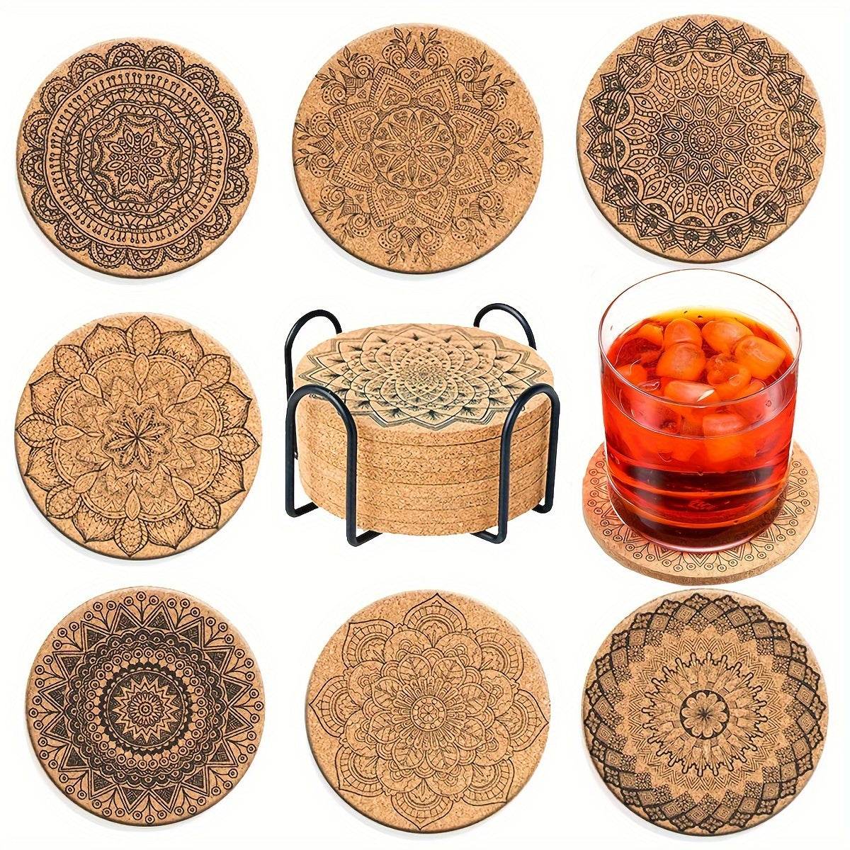 8 Piece Cork Coasters Set - Heat Resistant Non-Slip Drink Mats