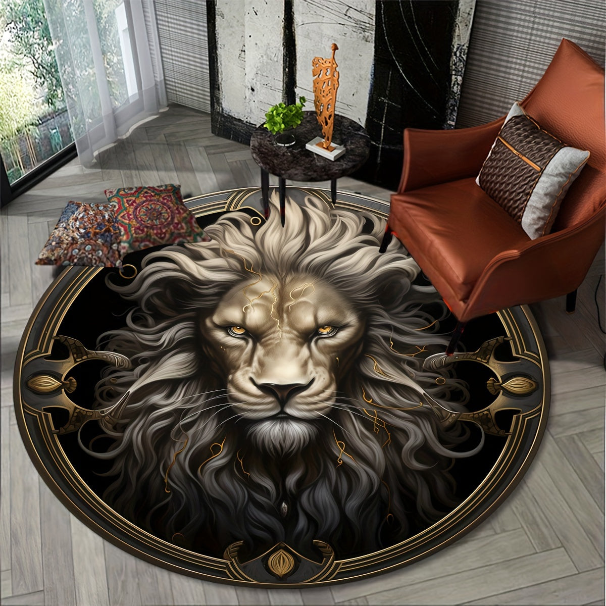 Round Lion Rug Non-Slip - Machine Washable Area Rug for Home Decor