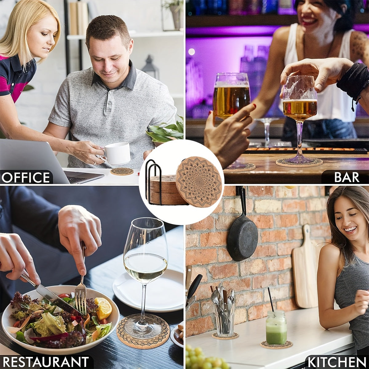 8 Piece Cork Coasters Set - Heat Resistant Non-Slip Drink Mats