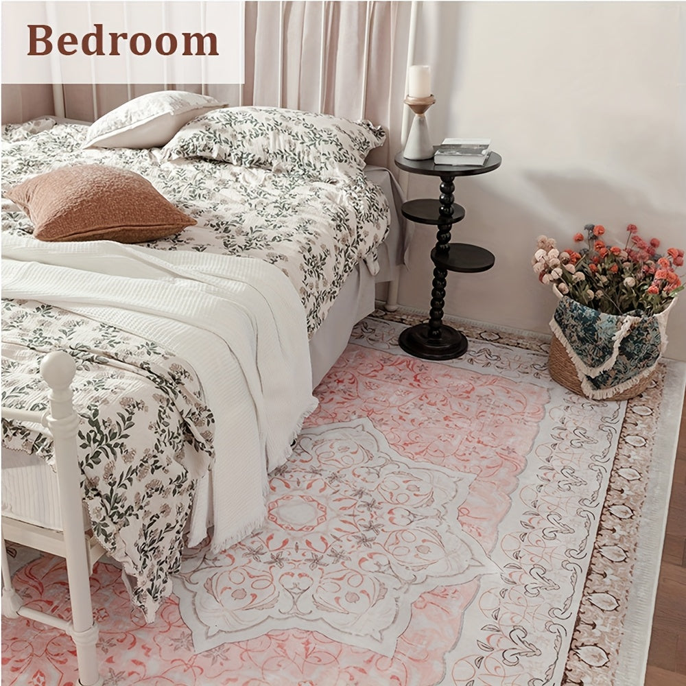 Grey Area Rug - Washable Floral Stripe Rug for Bedroom & Living Room