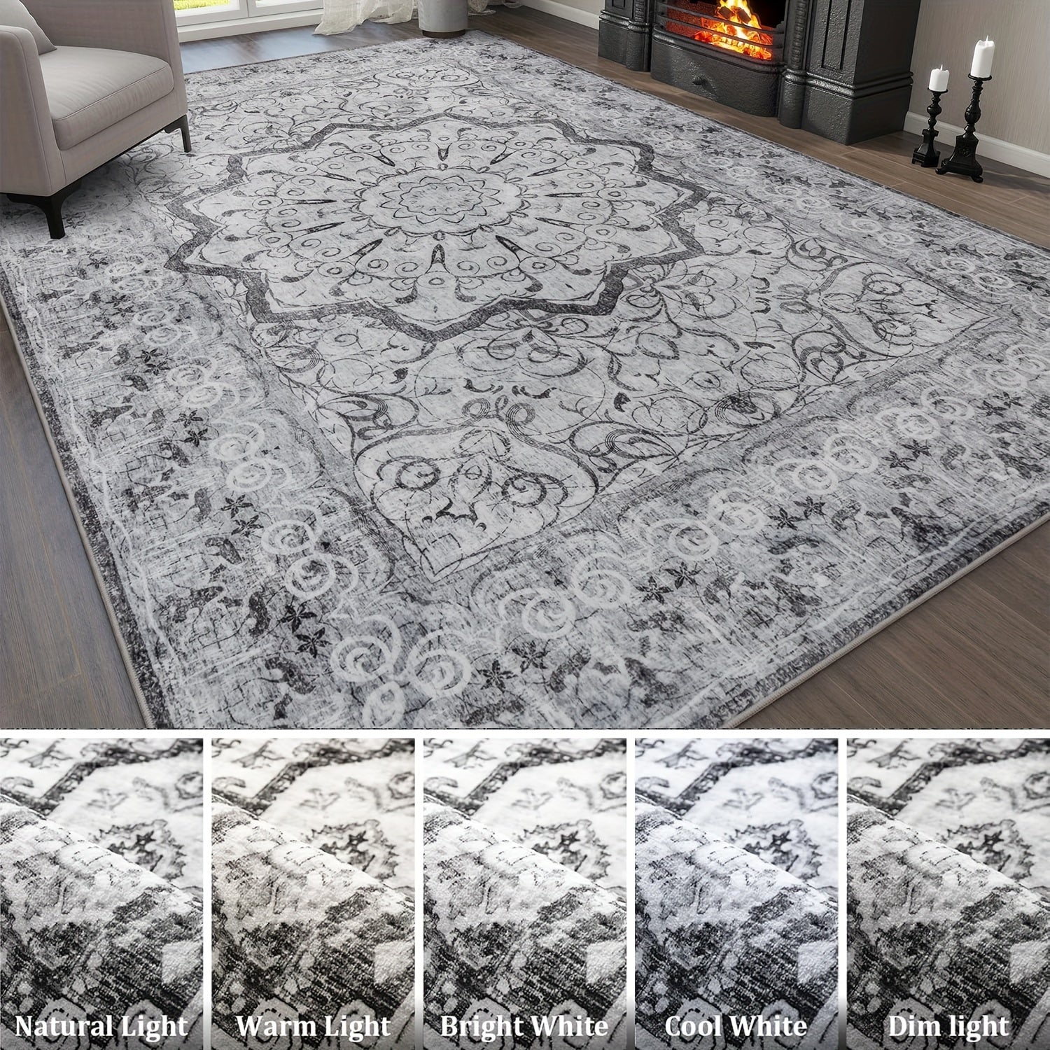 Grey Area Rug - Washable Floral Stripe Rug for Bedroom & Living Room