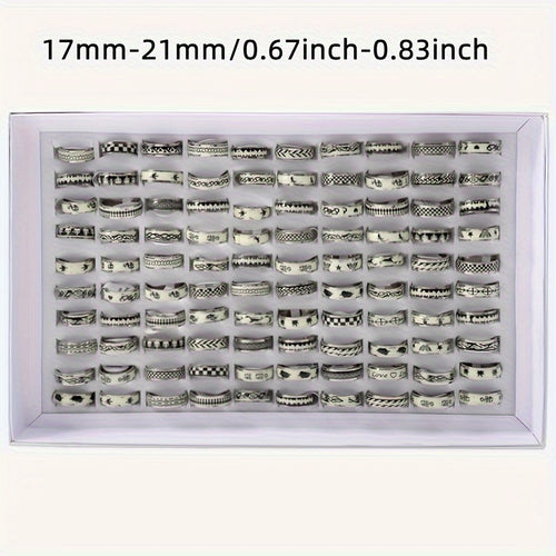20/50pcs Assorted Stainless Steel Glow-in-the-Dark Rings for Men - Fashionable Mixed Designs with Luminous Stickers, Sizes 17-21mm, High-Quality & Durable