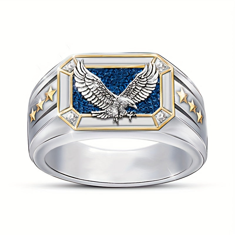 Vintage Platinum Plated Copper Eagle Ring - Two Tone Star Carving Biker Jewelry for Men