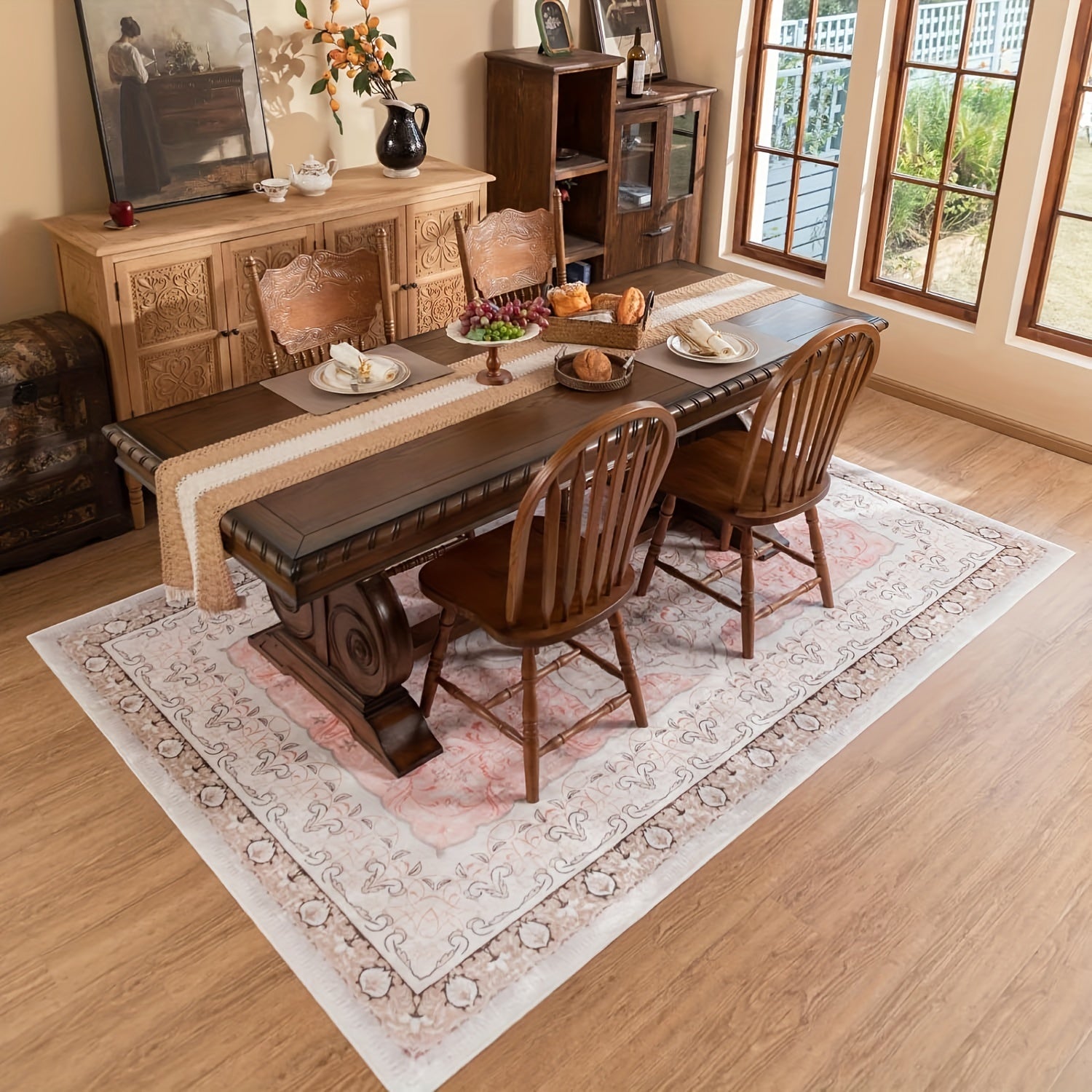 Grey Area Rug - Washable Floral Stripe Rug for Bedroom & Living Room