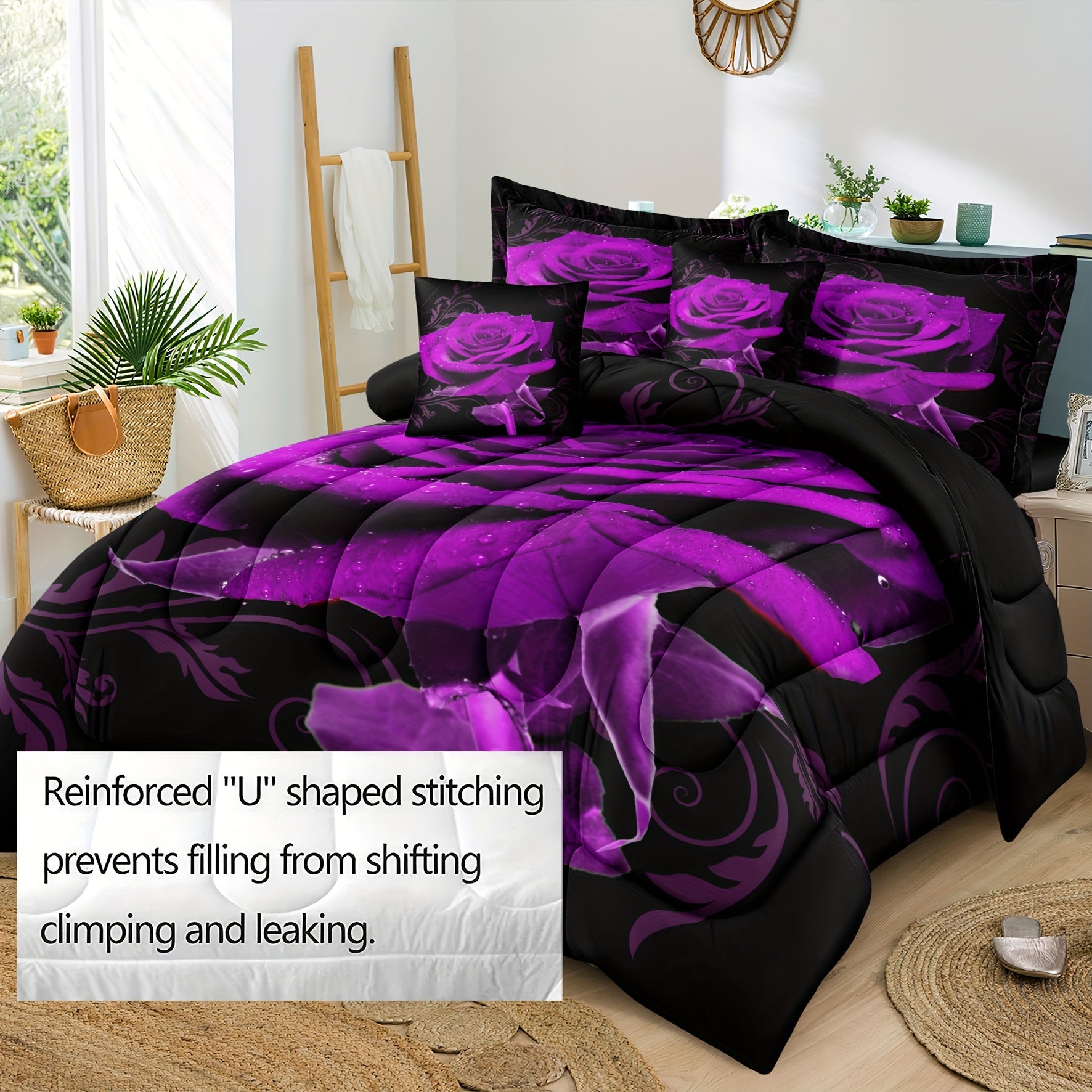 Purple Rose Comforter Set 3 Piece - Soft Floral Bedding for All Seasons