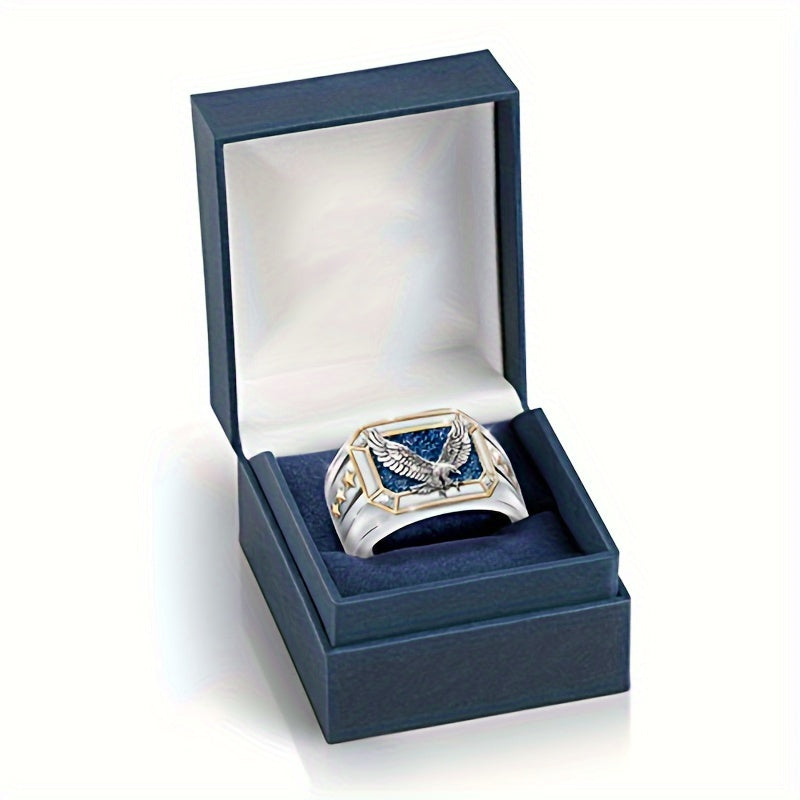 Vintage Platinum Plated Copper Eagle Ring - Two Tone Star Carving Biker Jewelry for Men